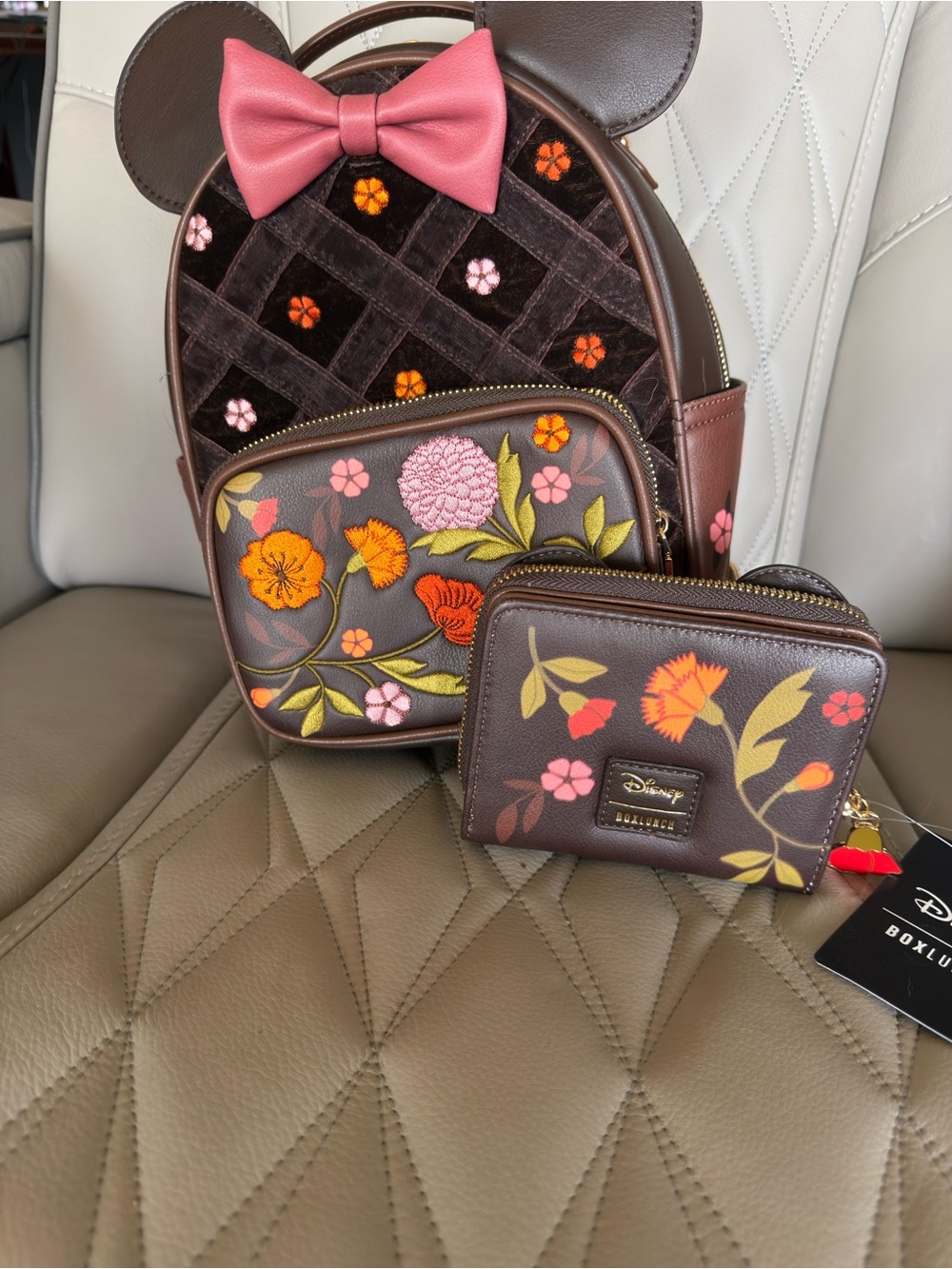 Lunchbox Brown Floral Minnie Ear Backpack with Pink Bow and Floral Wallet